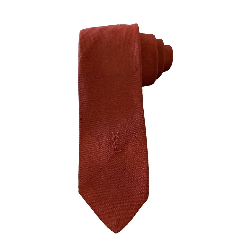 Vintage Yves Saint Laurent YSL Burnt Orange Silk Necktie Embroidered Logo 2.5"